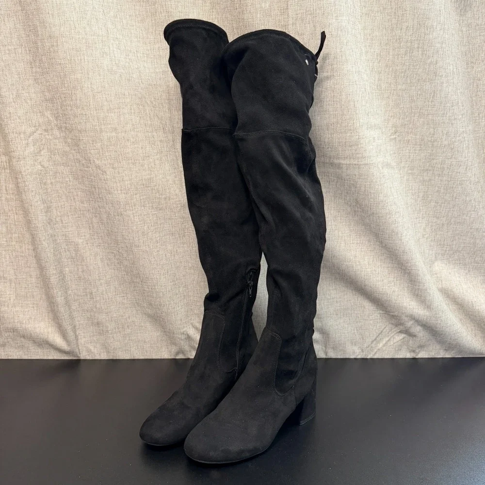 Liz Claiborne Over The Knee‎ Boots Women's 7.5M Black Suede Block Heels Timeless